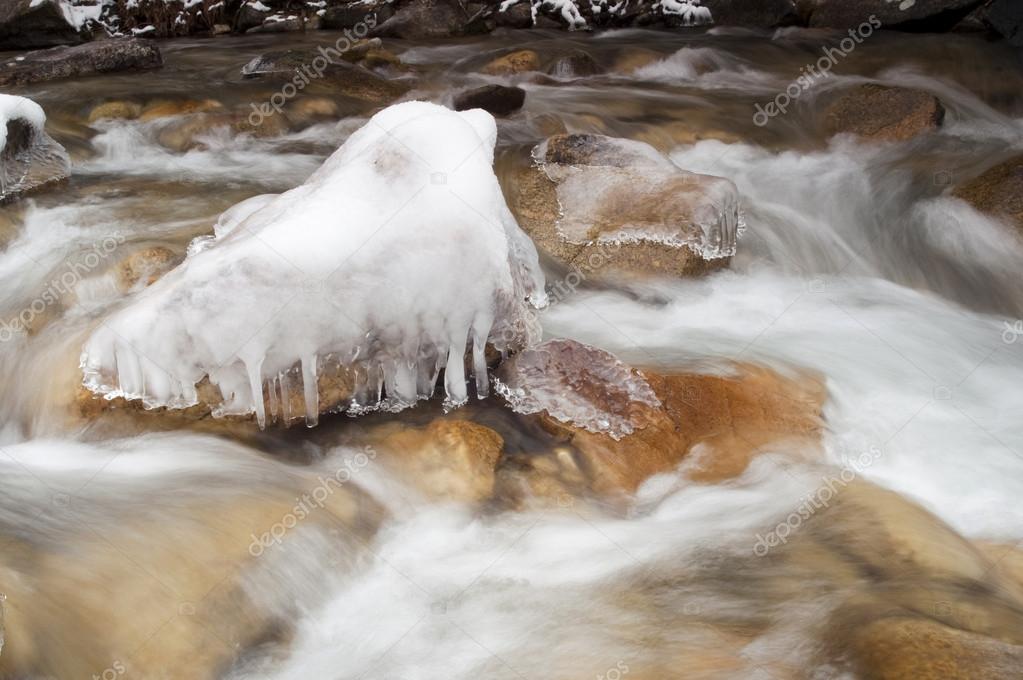 Rushing River Frozen Water Ice Rocks Winter Landscape Moving Stream