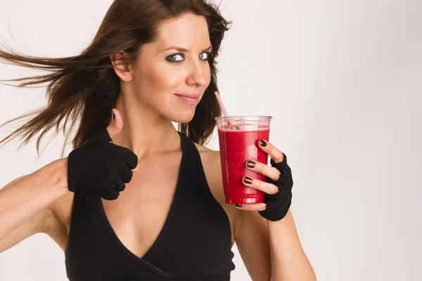 Thumbs Up Attractive Athletic Female Expressing Positively Food Fruit Smoothie — Stock Photo, Image