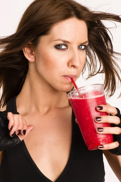 Attractive Athletic Female Expressing Positively Holds Frozen Food Fruit Smoothie — Stock Photo, Image