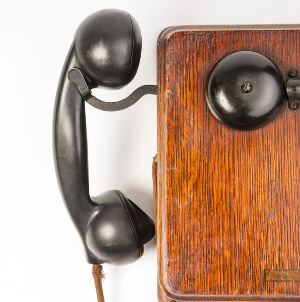 Vintage verouderde eiken telefoon instellen bakeliet handset wallbox ring — Stockfoto