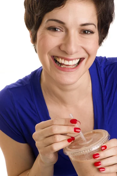 Feliz mujer emocionada Bebidas mezcladas Comida saludable Fruta Smoothie Drink —  Fotos de Stock