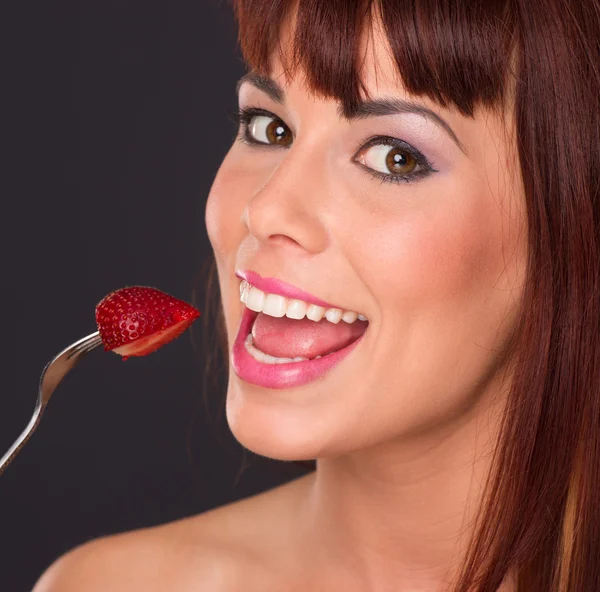 Bright Beautiful Auburn Haired Redhead Woman Food Fruit Strawberry — Stock Photo, Image