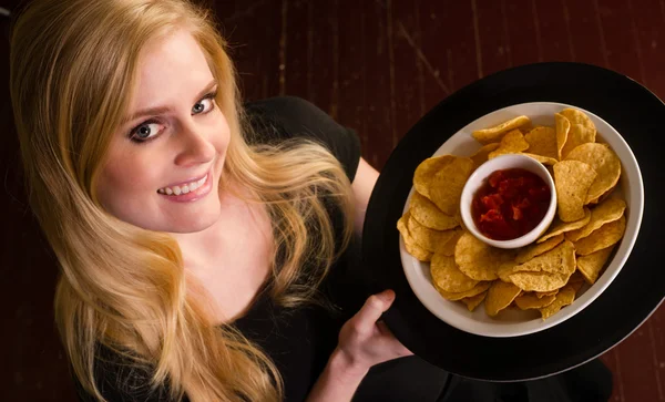 Young Attractive Female Server Brings Appetizer Chips Salsa Food — Stock Photo, Image