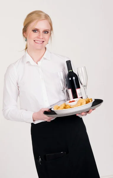 Pretty Waitress Brings Appetizers and Wine Food Restaurant — Stock Photo, Image