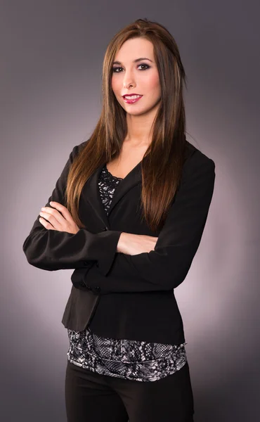 Attractive Brunette Female Business Woman Arm Crossed Office Employee — Stock Photo, Image