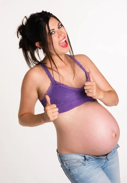 Attractive Pregnant Woman Gives A-OK Hand Signal Thumbs Up — Stock Photo, Image