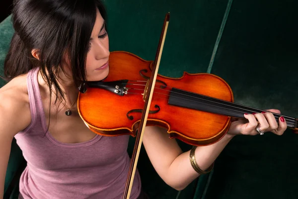 Sensuell attraktiv brunett kvinna spelar akustisk stålsträngad violin konsert — Stockfoto