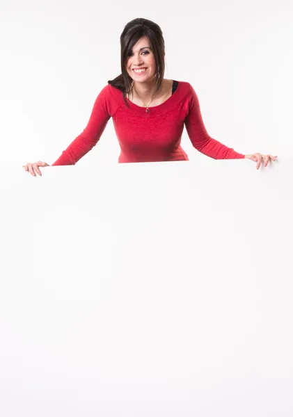 Female Presenter Stands Above Blank White Board Smiling Woman — Stock Photo, Image