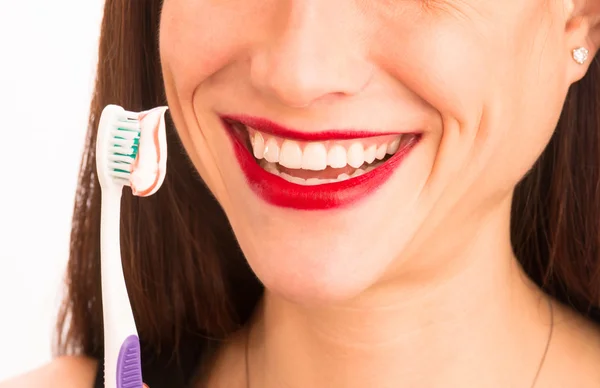 Attractive Woman Wonderful Smile Adult Female Brushing Teeth Toothbrush — Stock Photo, Image