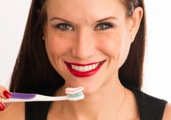 Attractive Woman Wonderful Smile Adult Female Brushing Teeth Toothbrush — Stock Photo, Image