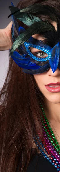 Attrayant brunette femme gitane costume plumes visage masque mode — Photo