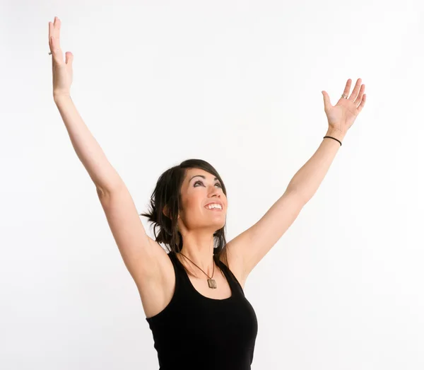 Pretty Brunette Woman Holds Arms Outstretched Jubilant Looking Up — Stock Photo, Image