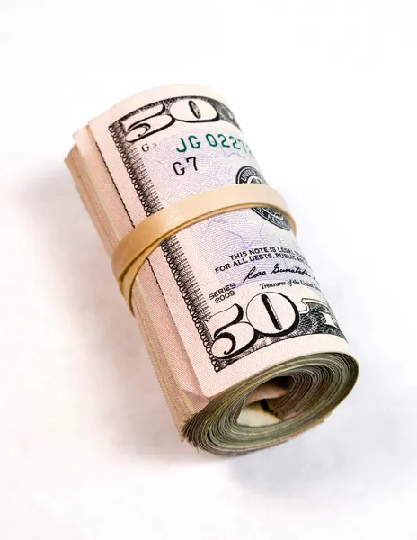 Έλασης wad πενήντα δολάρια λογαριασμούς αμερικανική χρήματα μετρητά, προσφορά — Φωτογραφία Αρχείου