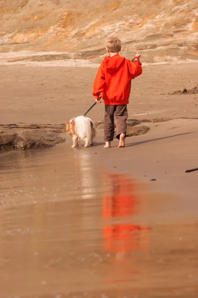 Kleiner Junge hell orange barfuß spazieren Hund Meer Strand — Stockfoto