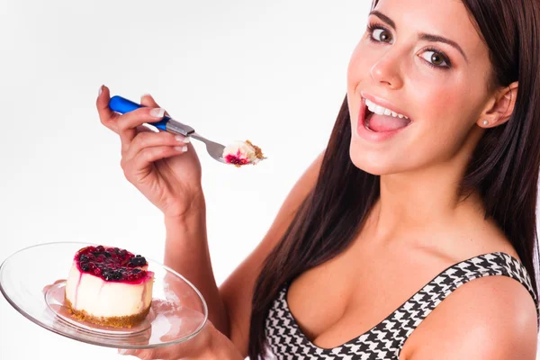 Horizontal Composição atraente morena mulher comer doce sobremesa — Fotografia de Stock