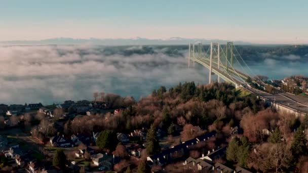 Nebel Rollt Und Unter Der Tacoma Narrows Bridge Puget Sound — Stockvideo