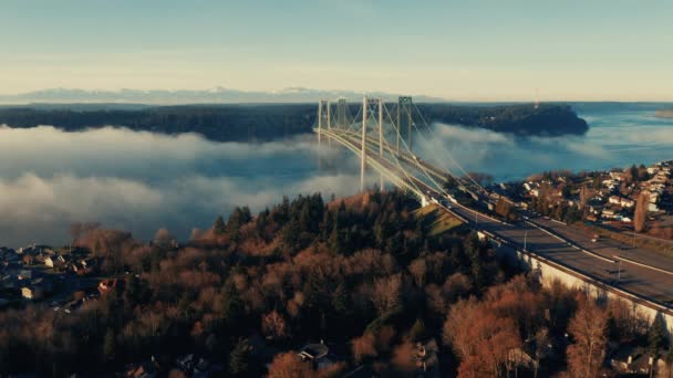 Mist Rolt Onder Tacoma Narrows Bridge Puget Sound Uhd — Stockvideo