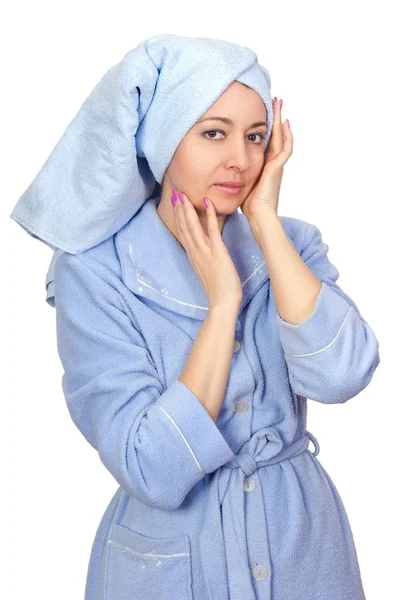 Woman in a Bathrobe and a towel on his head — Stock Photo, Image