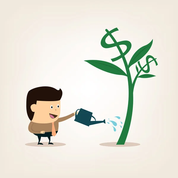 Empresario de dibujos animados durante el riego del árbol de dinero — Vector de stock