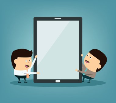 karikatür işadamı tablet ekranı sunum yaparken