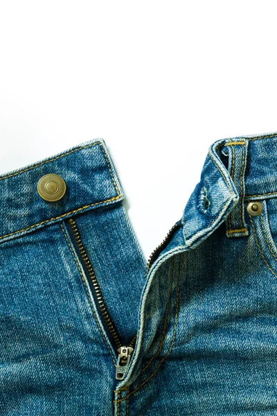 Jeans azul isolado no branco, Fechar-se de zíper — Fotografia de Stock