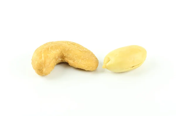 Salted cashew nut and salted peanut on white background — Stock Photo, Image