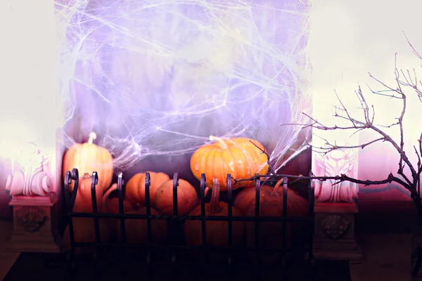 Scary Background Halloween Pumpkins Cobwebs Fireplace Autumn Concept — Zdjęcie stockowe