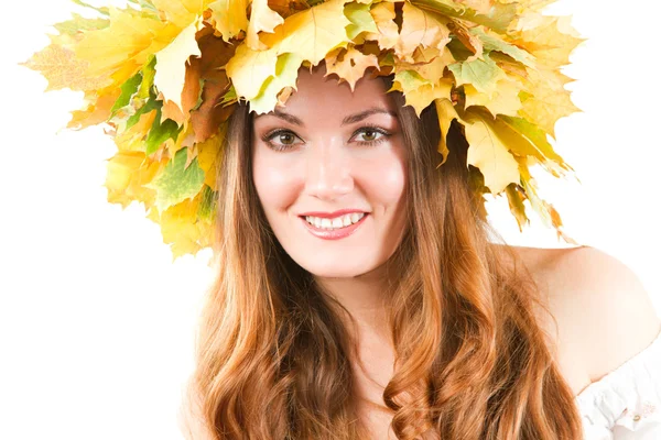 Portrait of sexual woman with autumn wreath of maple leaves on the head — Stock Photo, Image