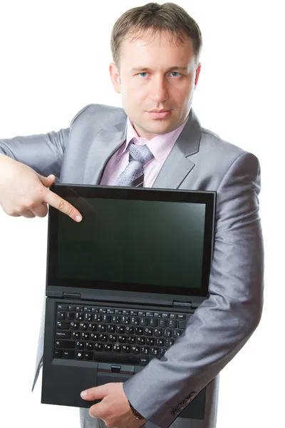 Portrét pohledný podnikatel s notebookem na bílém pozadí. Jitka — Stock fotografie