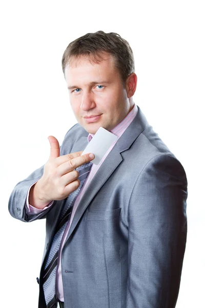 Close up portrait of a handsome young business man in a stylish suit holdi — Stock Photo, Image