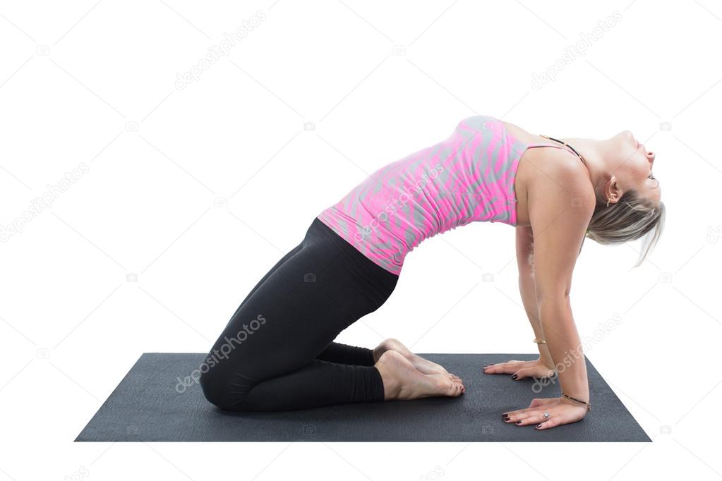 Fitness woman make stretch on yoga and pilates pose on isolated white background The concept of Sport and Health