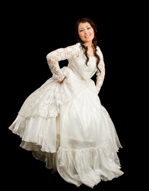 Kazakh bride in national wedding white dress isolated black background clipart