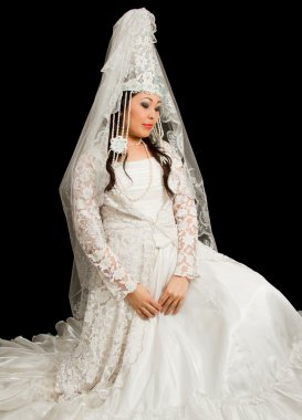 Asian bride in the Kazakh wedding white dress with a veil on his face, isol clipart