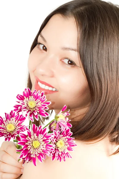Porträtt av asiatiska kazakiska vacker kvinna på vit bakgrund — Stockfoto