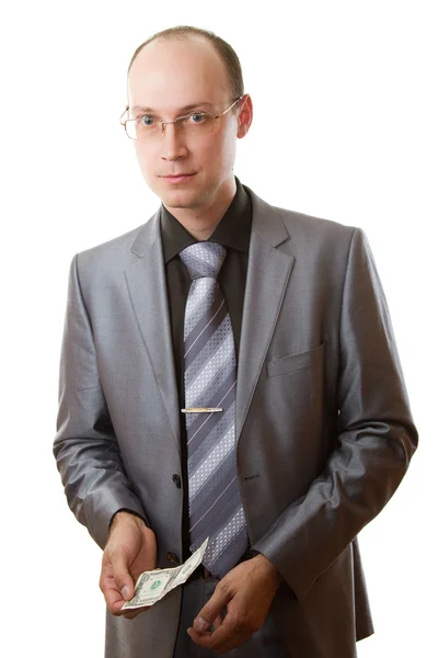 Retrato de joven hombre de negocios guapo usando corbata y gafas mantener dólar — Foto de Stock