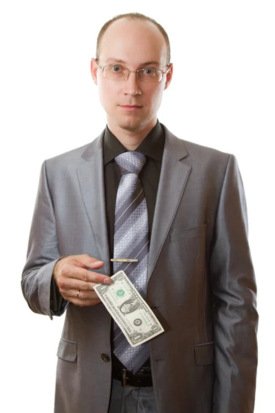 Retrato de joven hombre de negocios guapo usando corbata y gafas mantener dólar — Foto de Stock