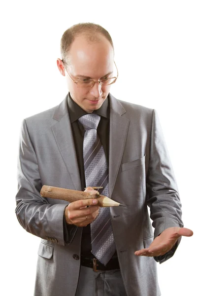 Isolated portrait of a executive businessman in a suit with pencil on white — Stock Photo, Image