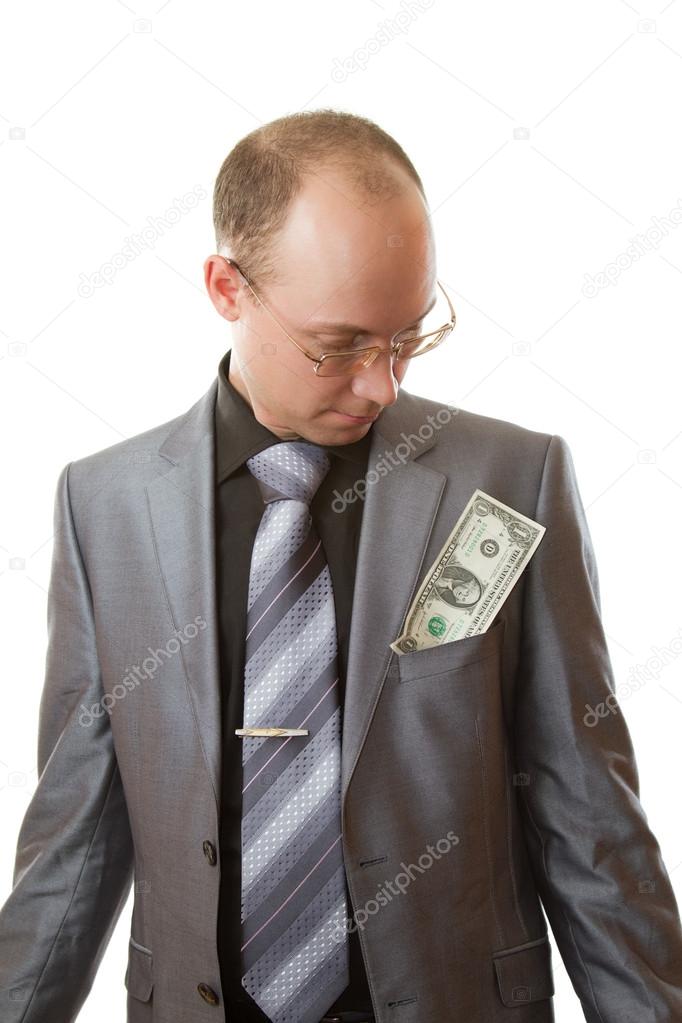Portrait of handsome young business man wearing tie and glasses keep dollar