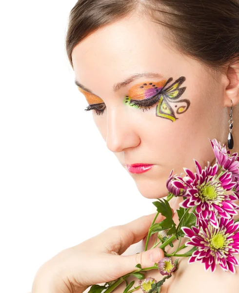 Portrait of beautiful model woman with creative makeup and bouquet of pink — Stock Photo, Image