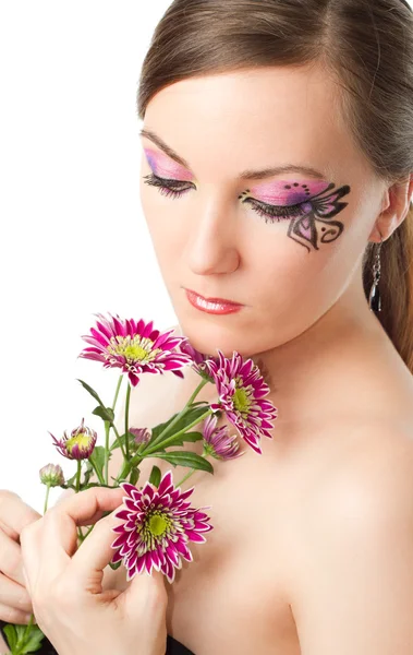 Portrait of beautiful model woman with creative makeup and body art butterf — Stock Photo, Image