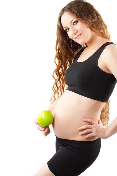 Healthy pregnant woman with green apple over white Diet and organic nutrit — Stock Photo, Image