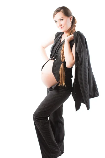 Pregnant businesswoman in business suit on 3 trimester on white background — Stock Photo, Image