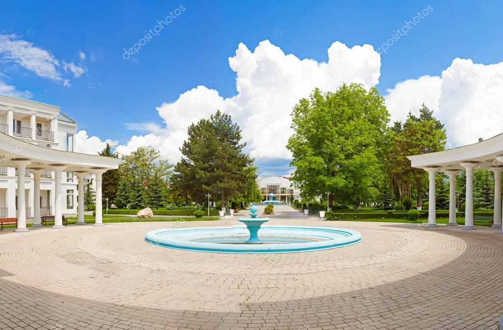 Panorama of the fountain on the square in the historical district of Tbilis