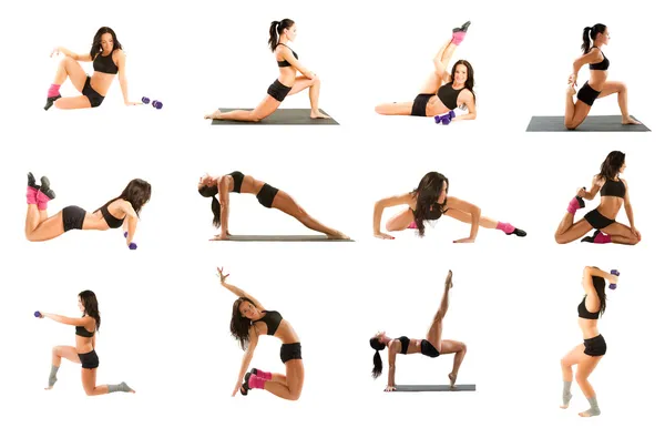 Ung kvinna utövar collage - yoga, fitness, pilates, aerobics på isolerade — Stockfoto