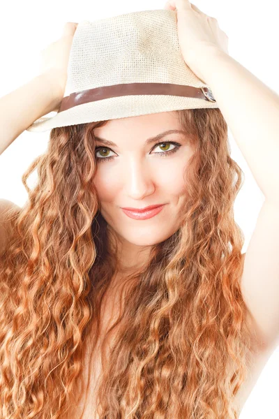 Portrait of sensuality model woman in fashion hat with curly long hair on w — Stock Photo, Image