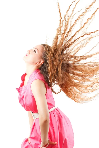 Sexy mulher modelo com cabelo encaracolado longo no vestido no fundo branco Mais de — Fotografia de Stock