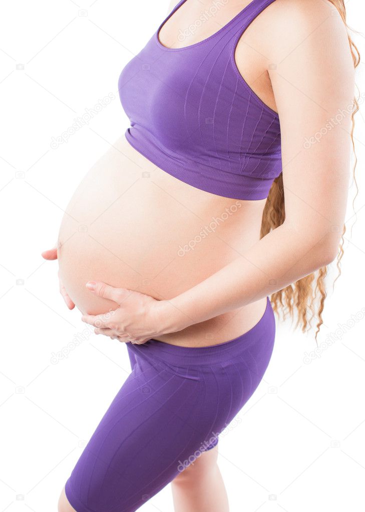 Fitness sports body of pregnant woman isolated on white background