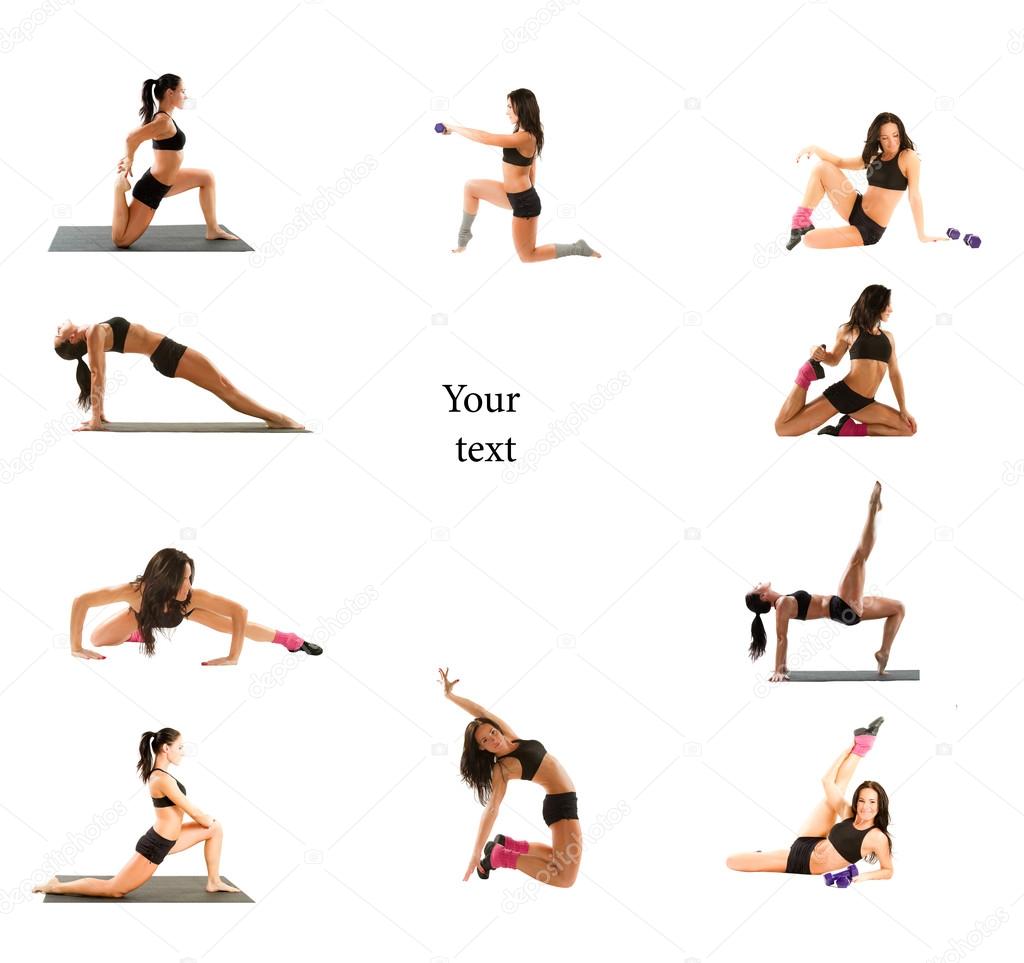 Fitness woman make stretch on yoga and pilates pose on isolated white backg