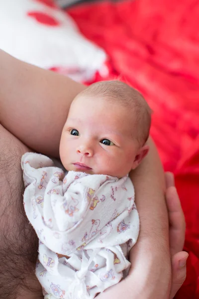 Newborn baby girl on the fathers hands at home — Stock Photo, Image