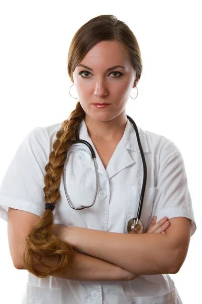 Médico feminino ou enfermeira de uniforme branco sorrindo com estetoscópio, fundo branco isolado — Fotografia de Stock